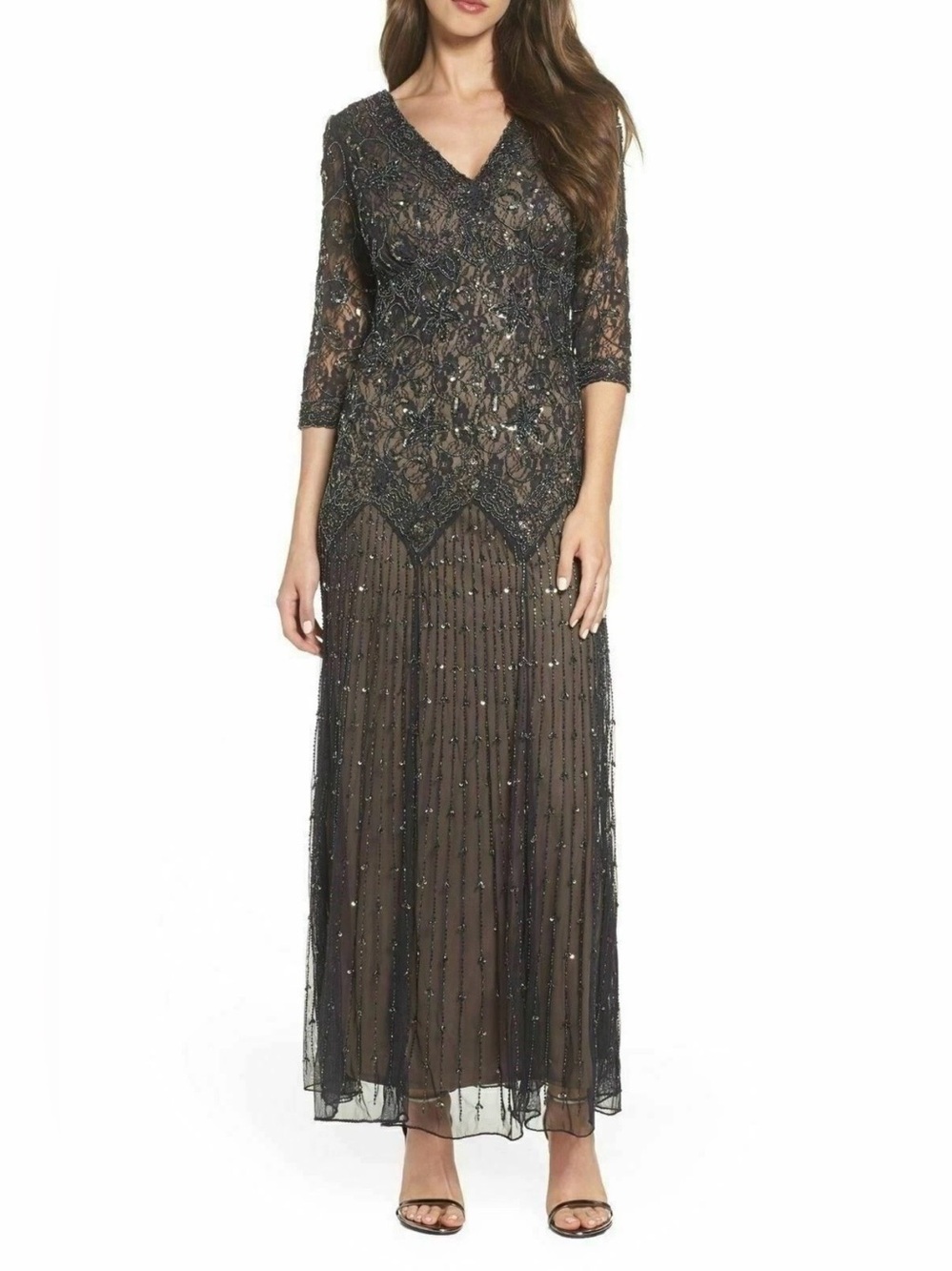 Pisarro Nights Gray Beaded V-Neck Evening Gown Formal size 16 - Picture 2 of 12